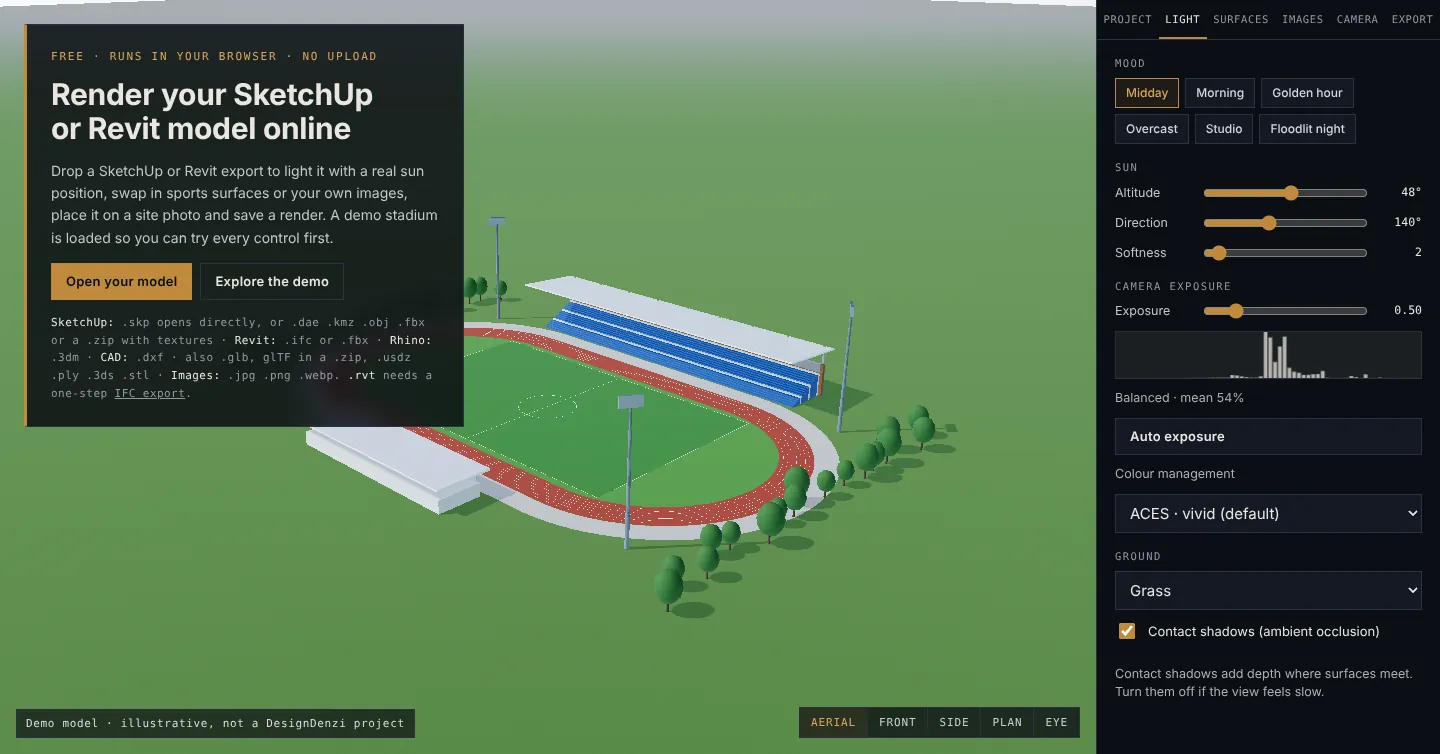 DesignDenzi Render Studio in the browser with a demo stadium model open, sun and exposure controls on the right.