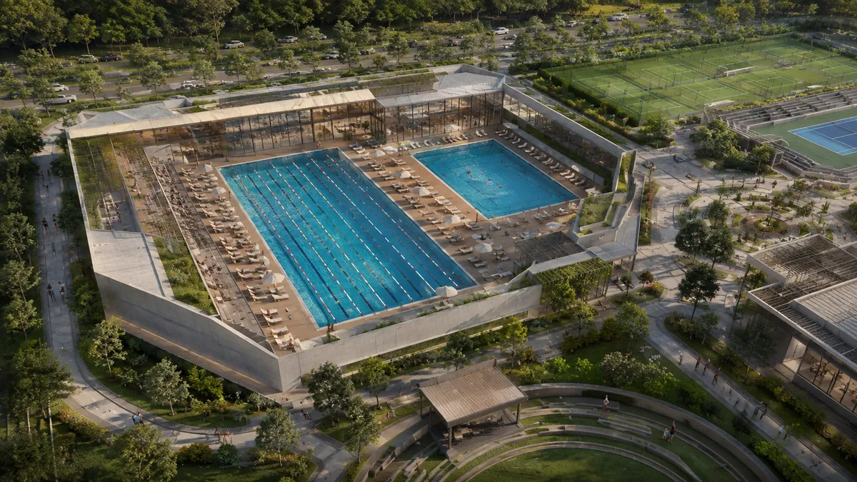Aerial conceptual 3D visualisation of an aquatics and racquet sports academy with pools, courts and landscaped campus