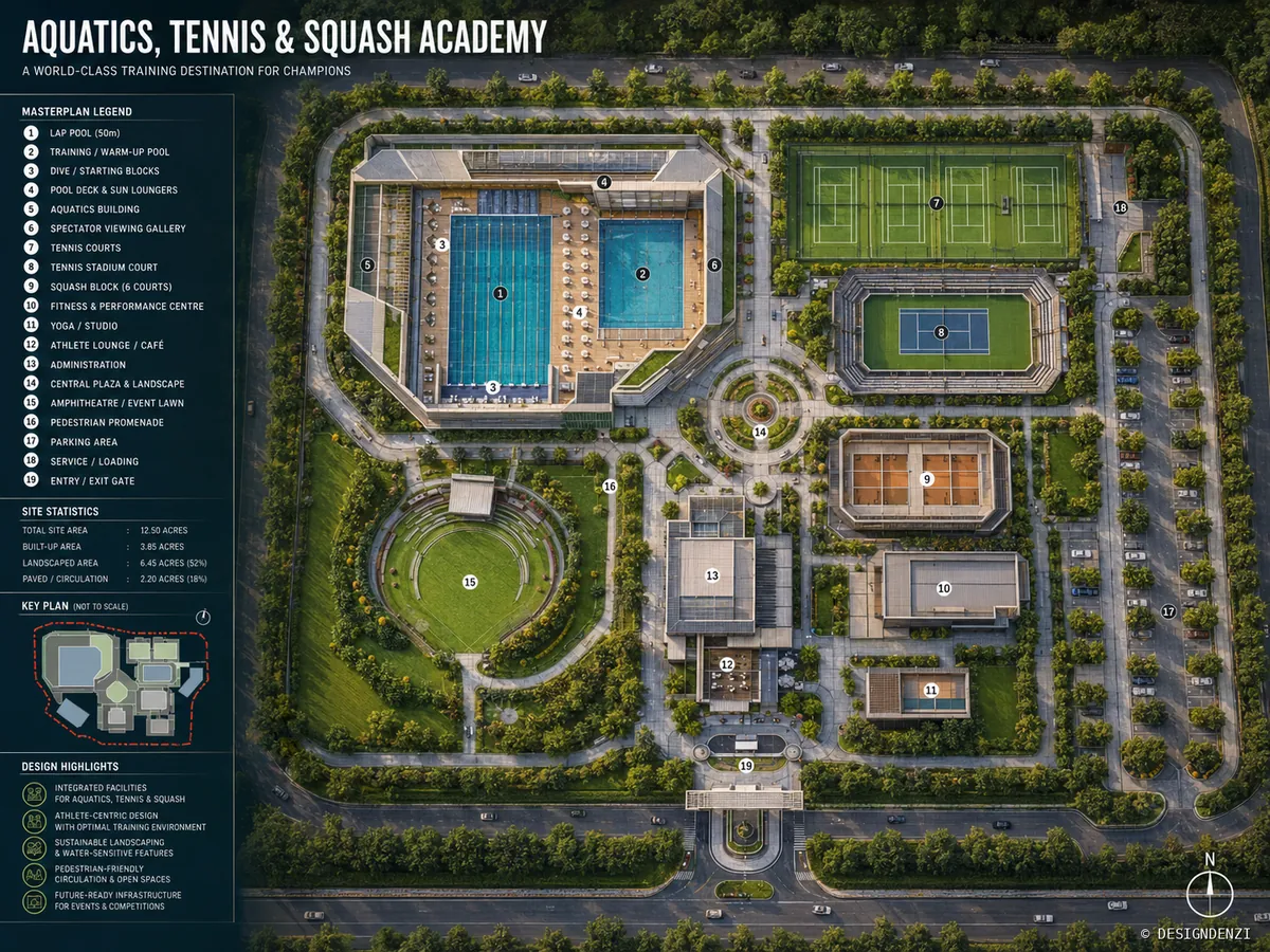 Conceptual masterplan for an aquatics, tennis and squash academy with training, spectator and wellness facilities