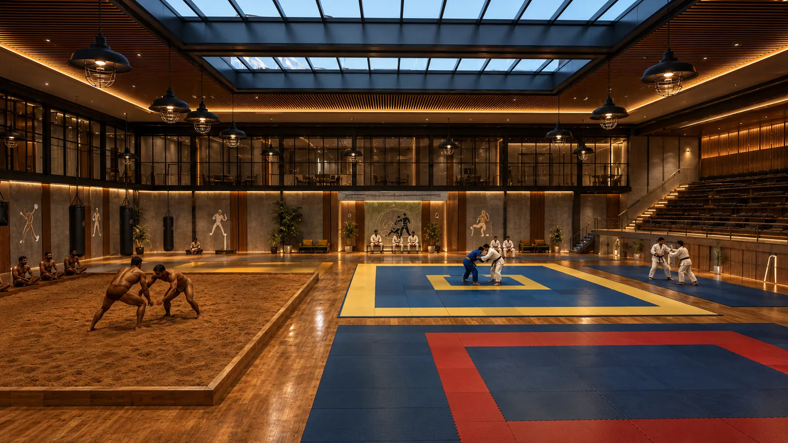 Conceptual interior visualisation of a combat sports training hall with wrestling and martial arts training areas