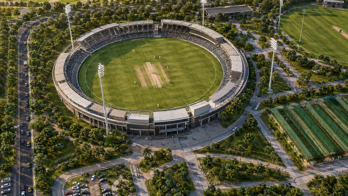 Aerial conceptual 3D visualisation of a cricket stadium and training campus with practice facilities