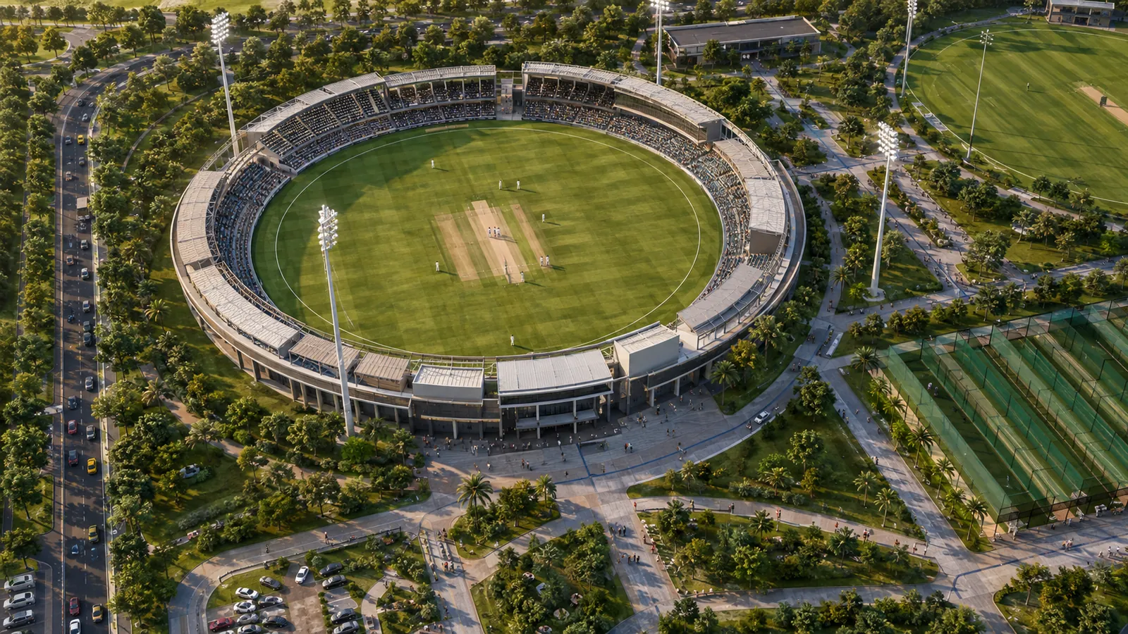 Aerial conceptual 3D visualisation of a cricket stadium and training campus with practice facilities