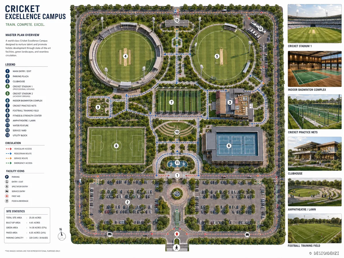Conceptual cricket excellence campus masterplan with stadiums, practice nets, indoor training, football conditioning and support facilities
