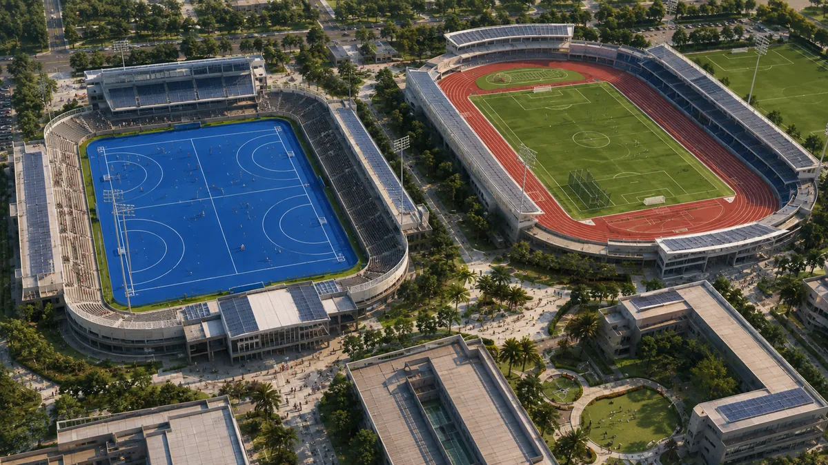 Aerial conceptual 3D visualisation of adjoining hockey and athletics stadiums within a landscaped sports park