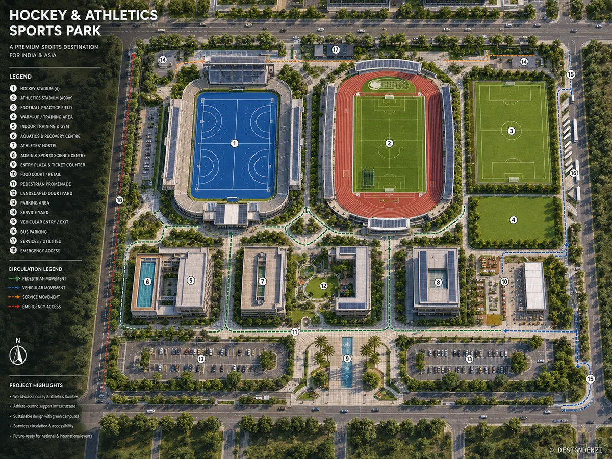 Conceptual masterplan for a hockey and athletics sports park with stadiums, training, athlete support and campus circulation