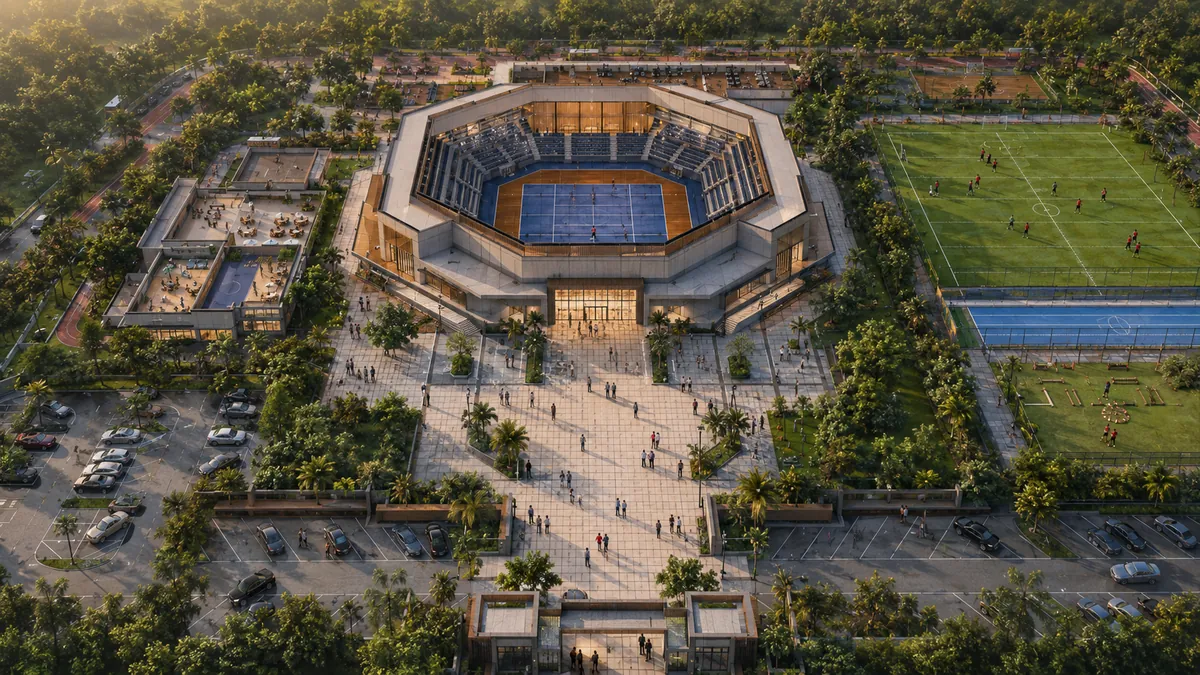 Aerial conceptual 3D visualisation of an indoor arena sports campus with adjoining outdoor training fields