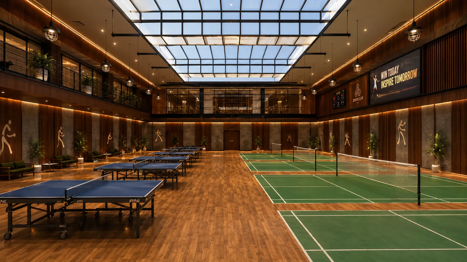 Conceptual interior visualisation of an indoor racquet sports centre with badminton and table tennis areas