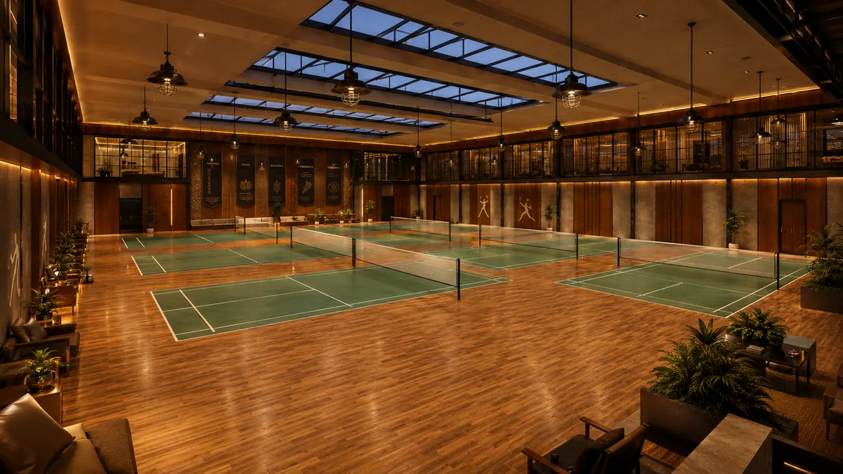 Conceptual interior visualisation of a premium indoor badminton training hall