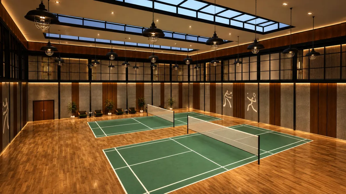 Conceptual interior visualisation of indoor badminton courts with warm timber finishes and skylights
