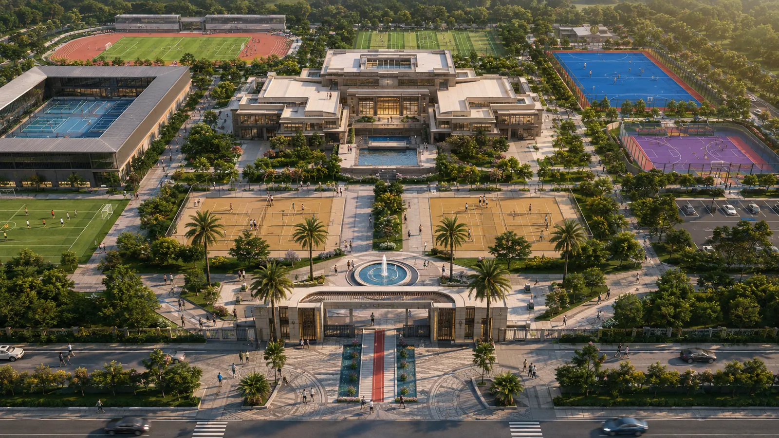 Aerial conceptual 3D visualisation of an integrated multi-sport campus — DesignDenzi