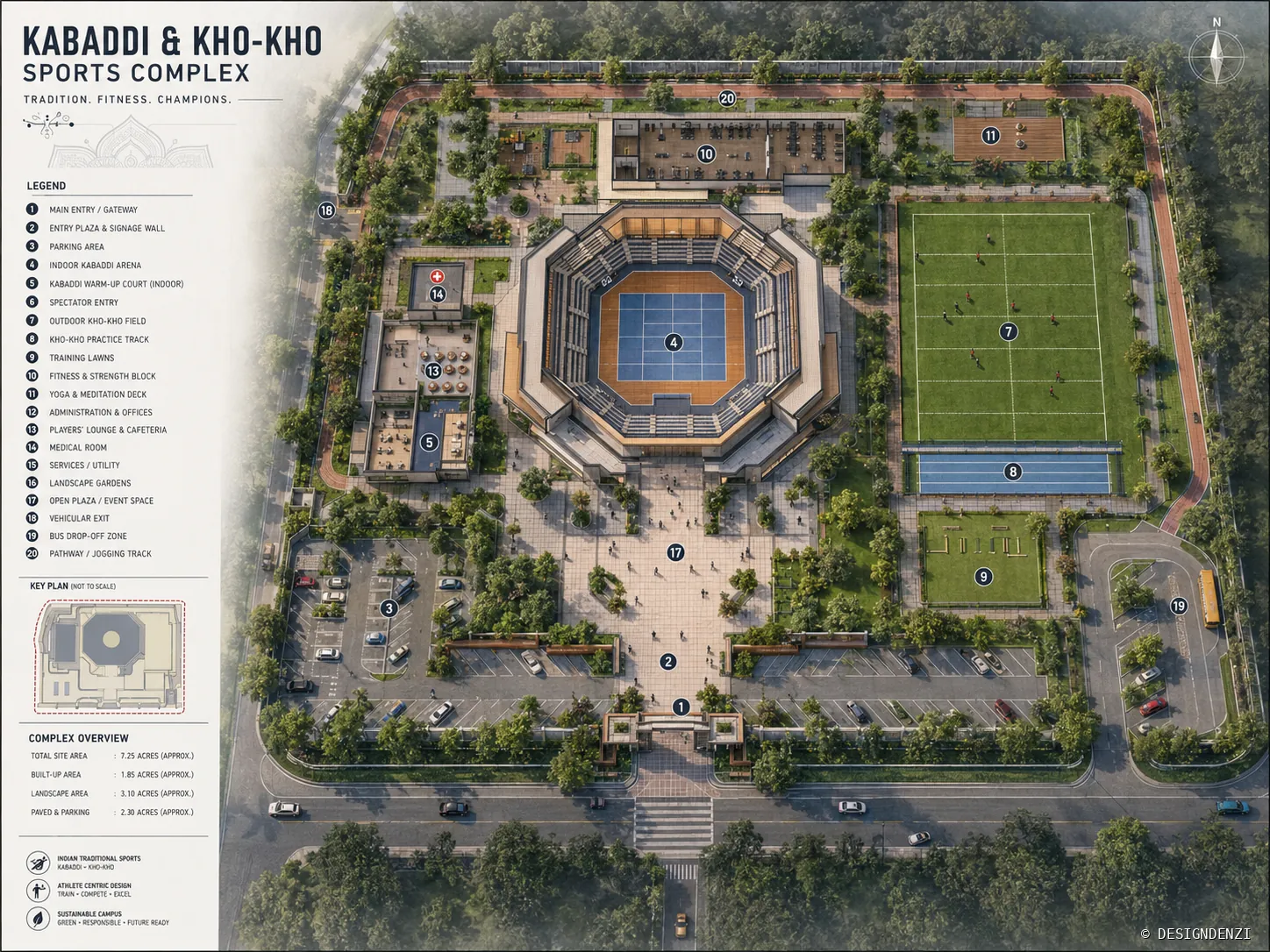 Conceptual masterplan for a kabaddi and kho-kho sports complex with indoor arena, outdoor field, training and public facilities