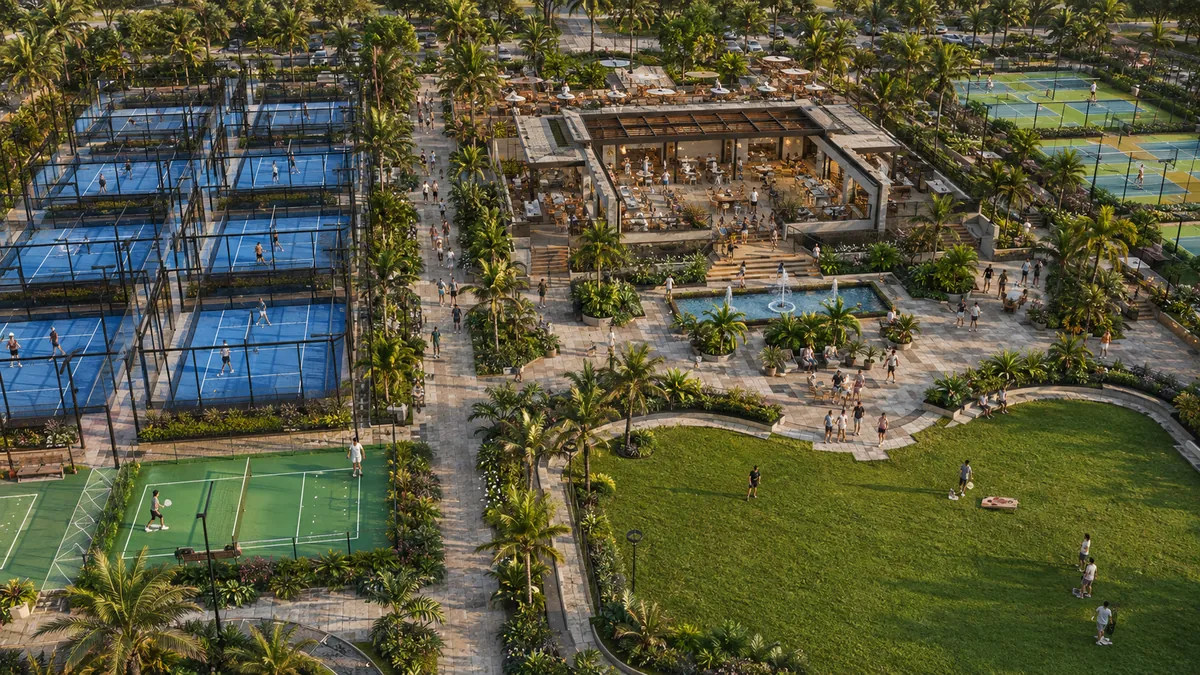 Aerial conceptual 3D visualisation of a landscaped padel and pickleball club with clubhouse and social spaces