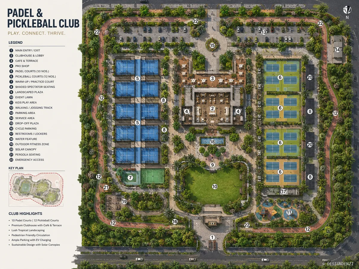 Conceptual masterplan for a padel and pickleball club with courts, clubhouse, parking, landscape and circulation