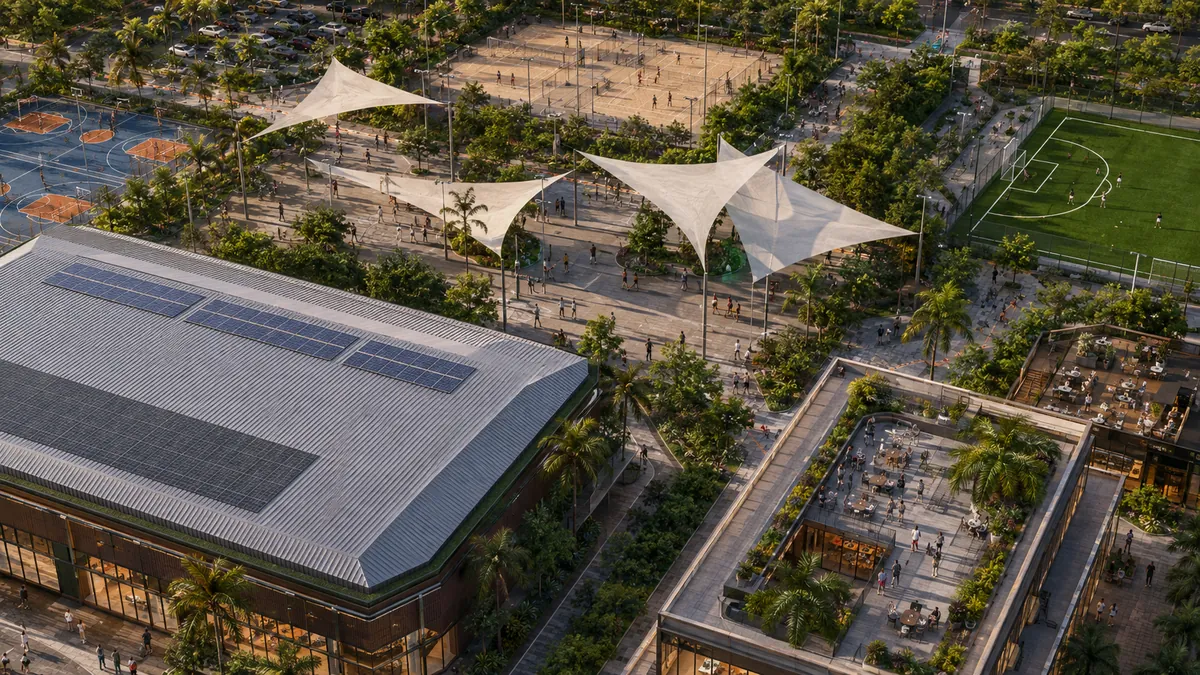 Aerial conceptual 3D visualisation of an urban sports hub with indoor hall, courts, futsal and shaded public realm