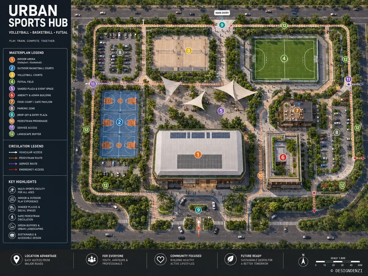 Conceptual urban sports hub masterplan showing indoor arena, basketball, volleyball, futsal, public plaza and circulation